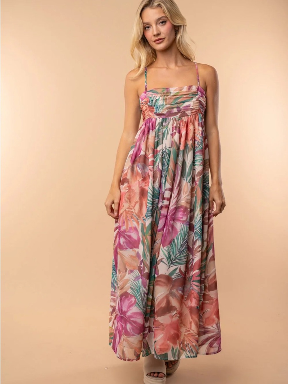 Floral Spaghetti-Strap Maxi Dress in Multi Pink